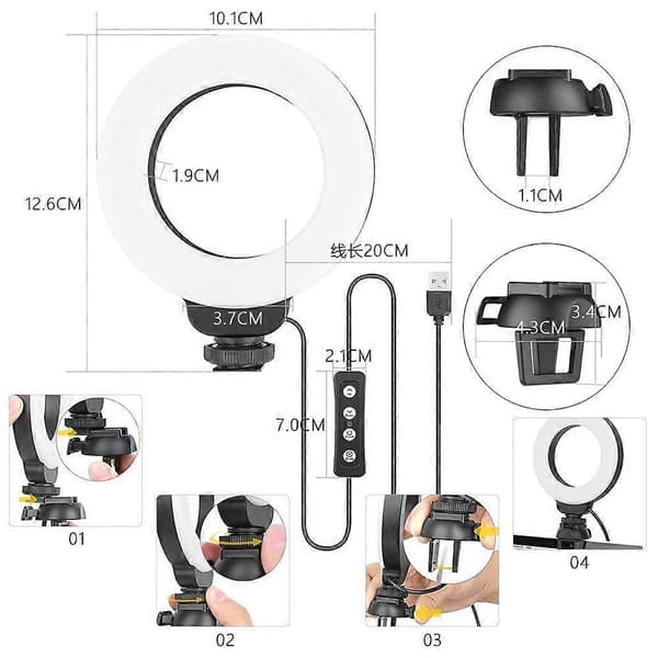 Cl06 Videokonferencelys 4' 10cm Selfie Ring Light til iPad Laptop PC Webcam Lys med Klips til YouTube Live