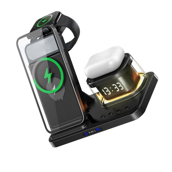 5-in-1 Wireless Charging Station with Clock Night Light for Phone Watch Headset