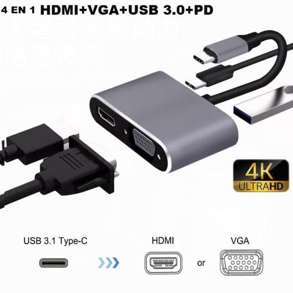 USB C Hub 4 i 1 Multiport Type C Hub Type C til HDMI Adapter 4K, VGA, USB3.0, Type C-Sølv
