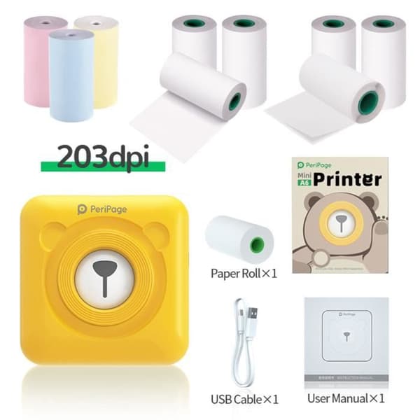 PeriPage Mini Lomme BT Termoprinter - Gul - 9 Papirruller