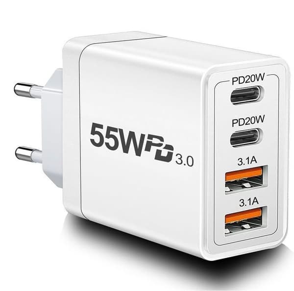55W Hurtigoplader - Multi-Sektor - 4 USB-porte - Kompatibel med iPhone, iPad, Samsung - Sikker Beskyttelse