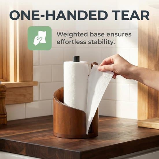 Kitchen Paper Holder - Upright Wooden Roll Holder - Elegant Upright Model with Round Base - Kitchen and Dining Table Organizer with Metal Frame
