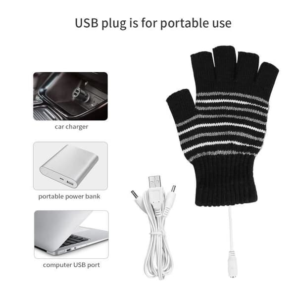 1 par 5V USB vinteropvarmede handsker, varme halvfinger opvarmede vanter til mænd og kvinder, sort -NIM