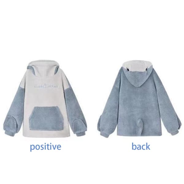 Dam Hooded Shark Plush Sweater Fleece Lined Loose Pullover Couple Homewear