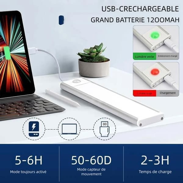 Skaplys - 40 cm - Bevegelsessensor - Oppladbart - Tre farger