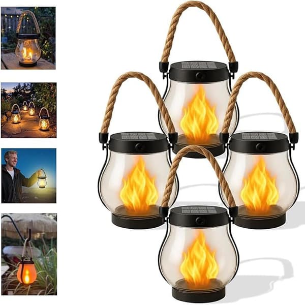 Solar Powered Outdoor Flame Lamp with Hemp Rope, Waterproof and Flickering [JUN] 4pcs