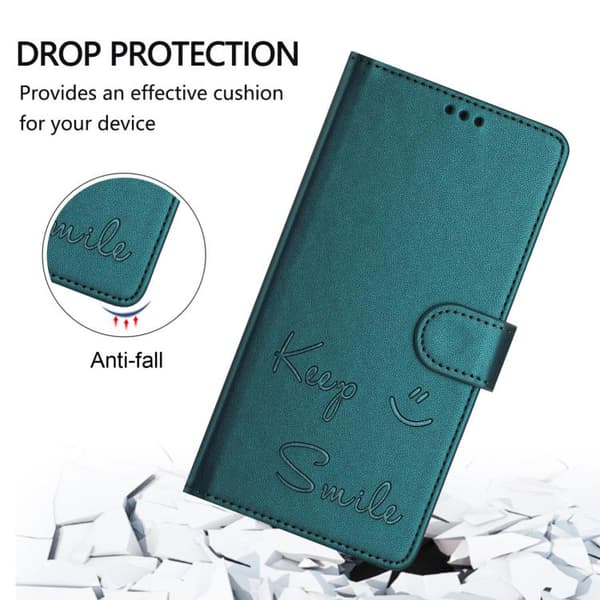 iPhone 17 Skal Läderfodral med Smile Embossing RFID Påfågelgrön