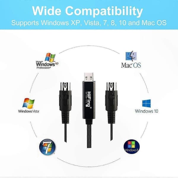 5-PIN DIN MIDI til USB Interface Adapter med Kabel til PC og Laptop Tilslutning Black