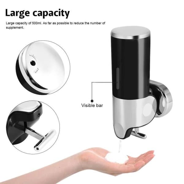 Vægmonteret sæbedispenser - Badeværelse, bruser, køkken - Sort - ABS-plast - 500ml