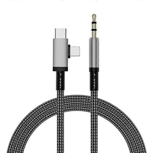2 i 1 8-Pin, USB-C / Type-C til 3,5 mm Bil AUX Audio Adapter Kabel 1m Grey
