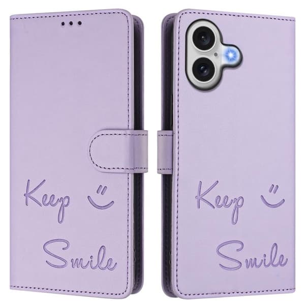 iPhone 17 Skal Läderfodral med Smile Embossing RFID Ljuslila