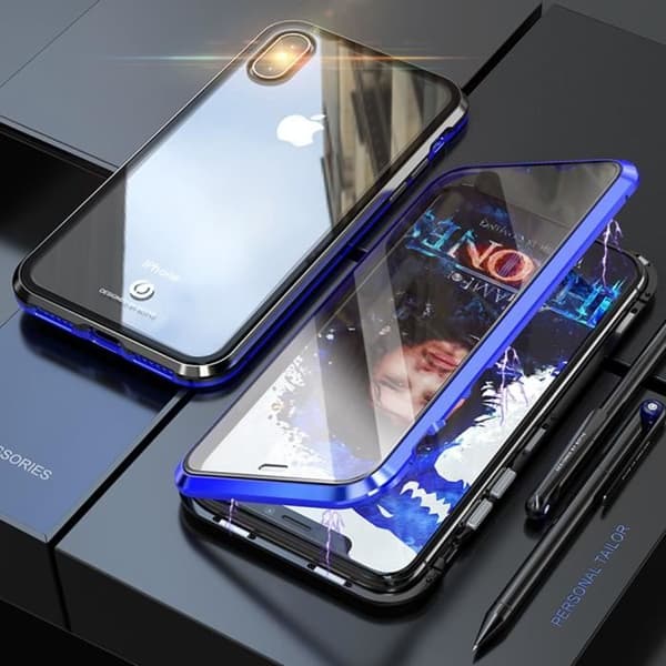 iPhone XR magnetfodral, metallram, skyddsfodral i härdat glas för iPhone XR - blå/svart