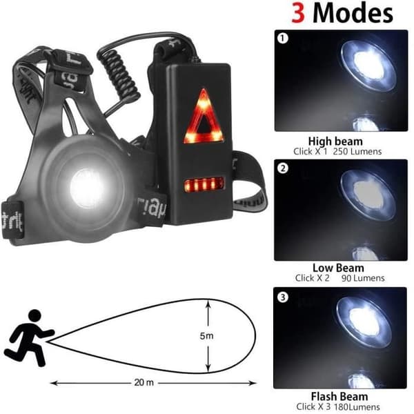 Løbelys - USB Genopladeligt Brystlys - 3 LED Sportsbelysningstilstande - Sort