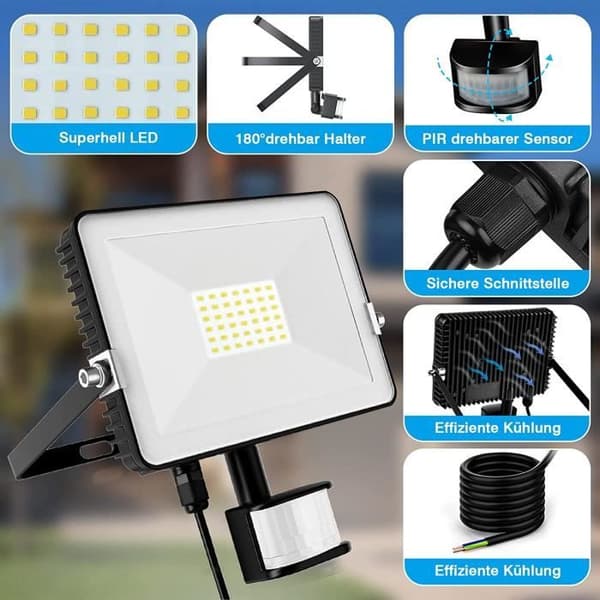 CHANGM LED Flomlys med Bevegelsessensor - 30W - Kjølig Hvit - IP66 Vanntett