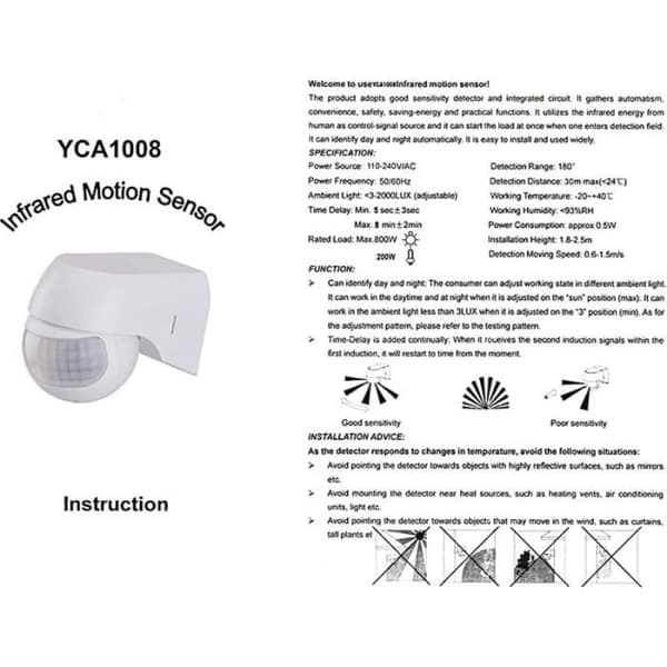 Bevægelsessensorafbryder - YYV - Infrarød - 30m rækkevidde - 180° rotation - Udendørs