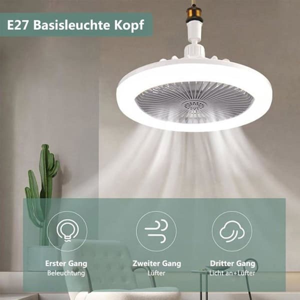 Loftventilatorlampe, E27 Loftventilator Lysekrone, Lydløs Loftventilator med Fjernbetjening og Lys (grå)