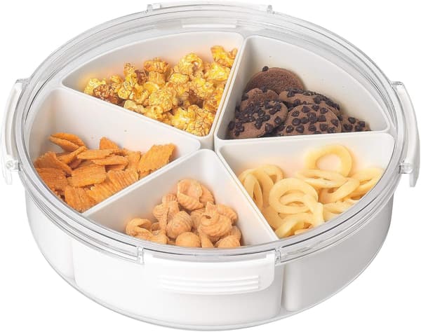 Vit rund plastdelad bricka med lock, 5 individuella bestickfack
