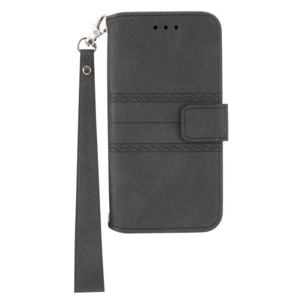 Etui til Samsung Galaxy A34 5G med håndledsrem, magnetisk PU-læder flipcover, retro sort