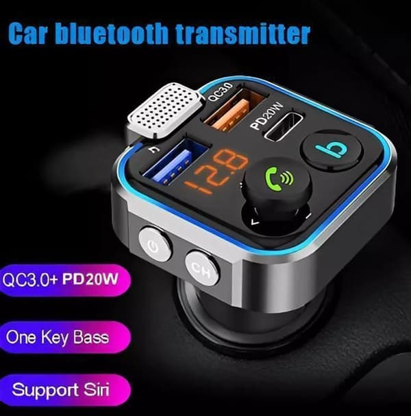 Bil Bluetooth FM-sender 5.0, 20W PD + 18W QC3.0 Hurtigoplader, Understøttelse af dyb bas, USB-flashdrev, Håndfri opkald