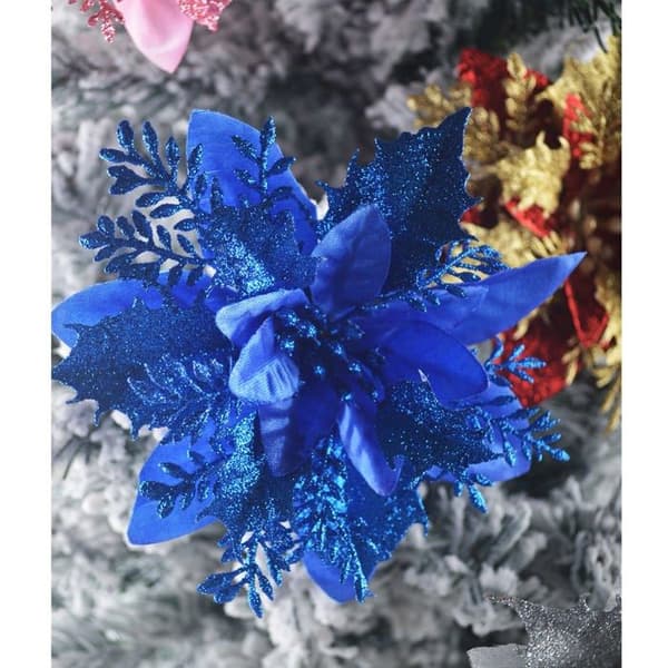 Sett med 12 kunstige blomster - Julestjerner til juletrepynt med glitter - 15 cm (blå)