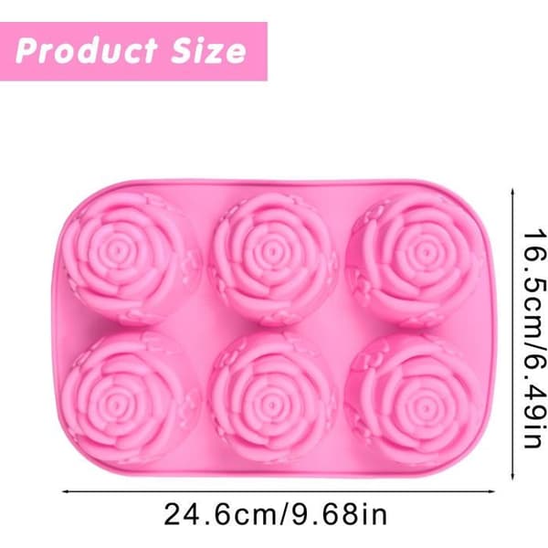 Silikoneform til kager, gelé, budding, chokolade, 6 hulrum, rosenblomstdesign, sæt med 2, pink