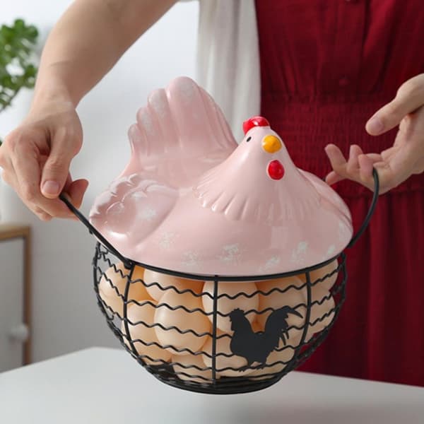 Ceramic Hen Ornament Fruit Storage Basket with Handle Kitchen Accessories