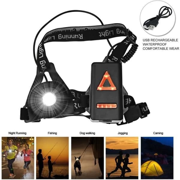 Løbelys - USB Genopladeligt Brystlys - 3 LED Sportsbelysningstilstande - Sort