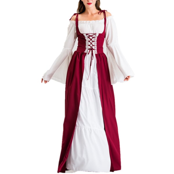 Kvinnors medeltida golvlånga klänningskostymer Långärmad prinsesscosplayklänning för temafest Wine Red M