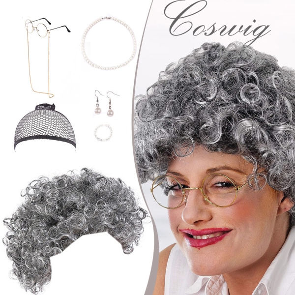 Halloween Granny Cosplay Peruk Personlig festival hårförlängning för kvinnor Silver