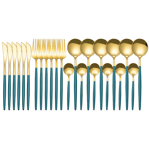 24st rostfritt stål set Elegant spegelpolerad servis för bröllop Thanksgiving jul Green Gold