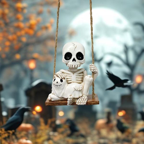 Keinuva pääkallo puutarhakoriste mini pääkallohahmot hartsi luurankoveistos ulkokäyttöön Halloween-sisustukseen Cat