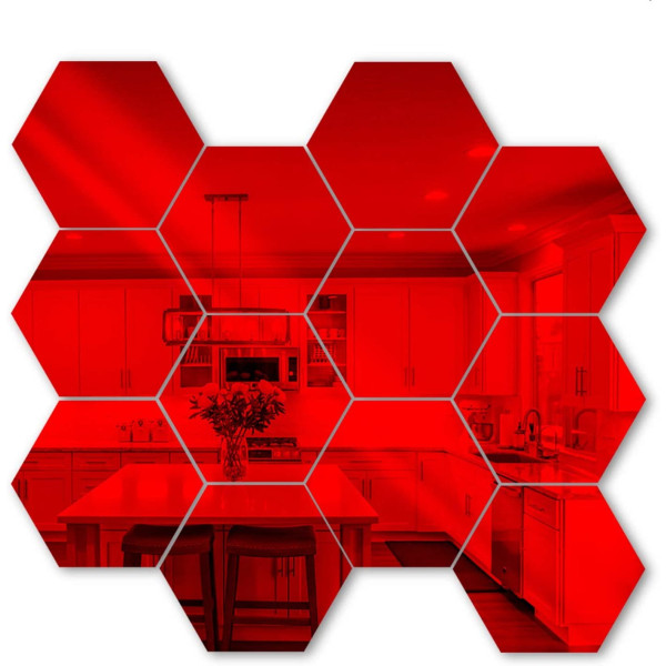 12 st Topfjäder Hexagoner Mirror Kakel Väggdekal 3D Akryl Spegel Väggdekor Dekor Stick På Modern Dekal För Hem Red M