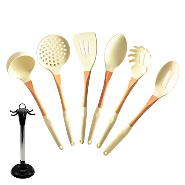 Köksredskap Set för Kök Non Stick 6 Styck Silikon Kökskärl Med Trähandtag Och Stativ Matlagningstillbehör Beige 6PCS