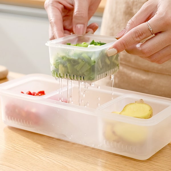 Transparent case 3-Grids Kylskåp Matförvaringsbehållare 3 Compartments With Lid For Draining