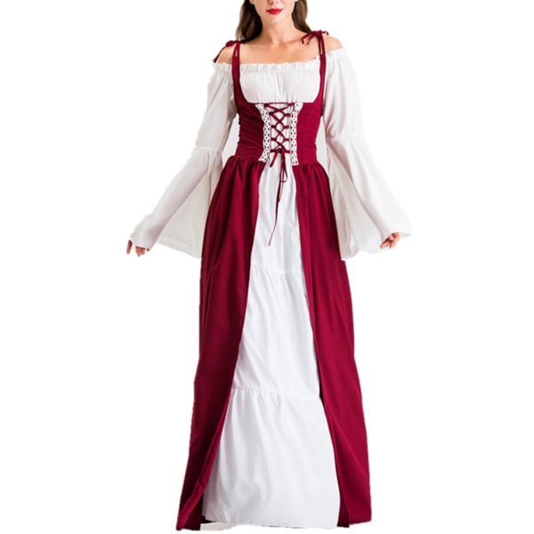Kvinnors medeltida golvlång klänning kostymer långärmad prinsessa cosplay klänning för temafest Wine Red S