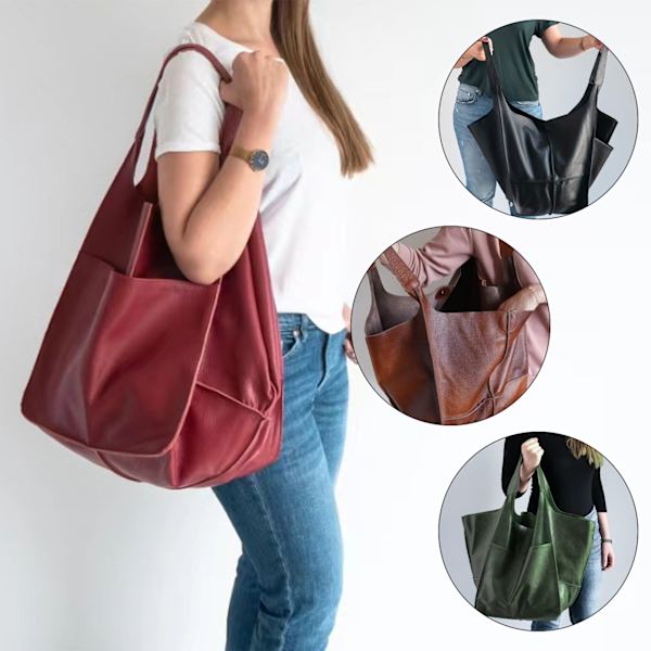 Stor Axelväska Läderväska Tote Bag Axelremsväska Dam Shoppingväska Väska Dam Brown