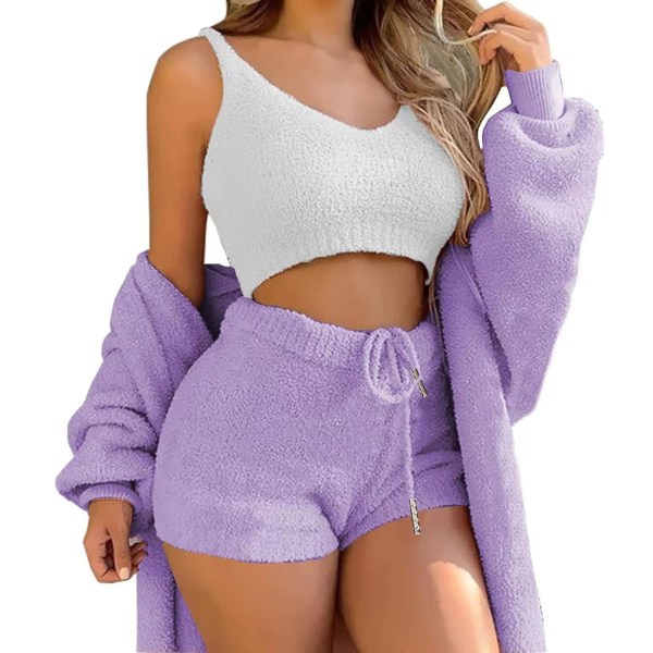 Mysig plyschpyjamas för kvinnor 3-delad set Snygga mjuka lösa sovkläder för sovrum inomhus Purple M