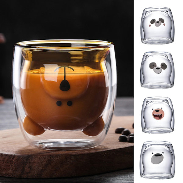 Tecknad Bear Cup Dubbellager Transparent Glas Cups Kaffe Mugg Par Gåvor 3