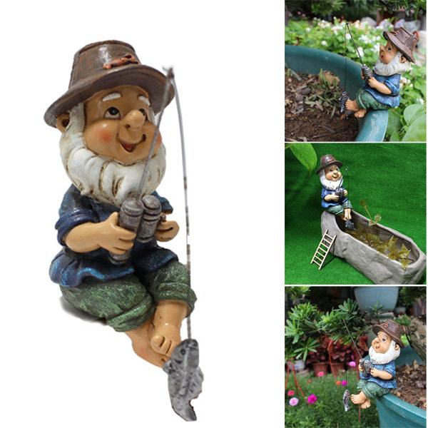 Fiske Gnome Staty Målad Harts Hantverk Utomhus Damm Landskap Prydnad För Gräsmatta Trädgård Innergård Dekor Go Fishing