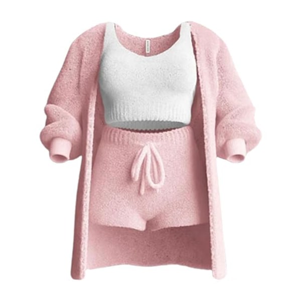 Mysig plyschpyjamas för kvinnor 3-delad set Snygga mjuka lösa sovkläder för sovrum inomhus Pink S