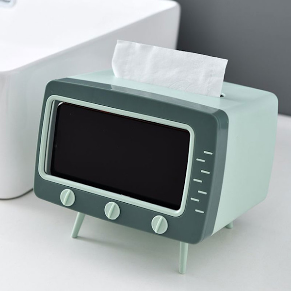 Tissue Box TV Formad Mobiltelefon Hållare Dispenser Förvaring Case Organizer Med Mobiltelefon Hållare För Hem Hotell Blue