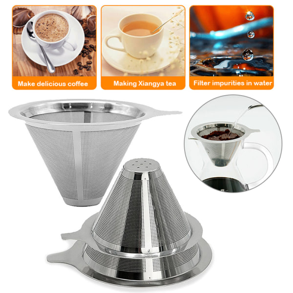 Kaffefilter i rostfritt stål Flerfunktionsfilter med dubbla lager Tratt Återanvändbara kaffebryggverktyg Large