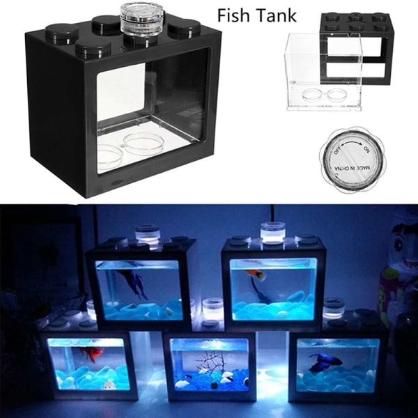 Mini akvarium med lätt skrivbordsakvarium Reptillåda Terrarium för fiskinsekter Sköldpadda mikrolandskap Black
