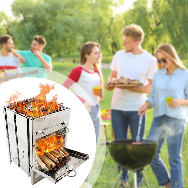 Vikbar Campingvedspis, Bärbar Utomhus BBQ-Spis för Utomhusaktiviteter Silver