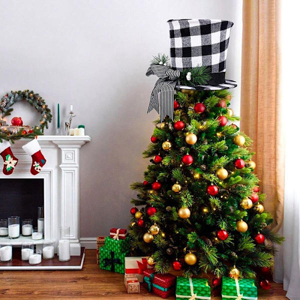 Christmas Tree Topper topphatt med klassiska ränder och rosettband Vikbar jul topp hatt heminredning Red