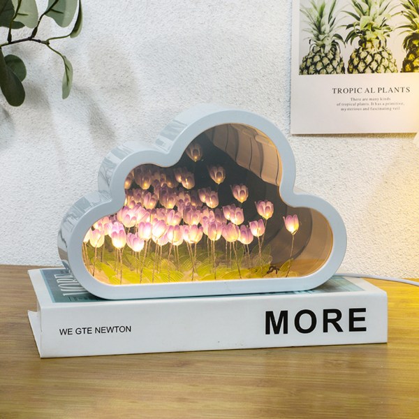 Mode molnformade tulpaner Spegel Nattljus Flerfunktionssnygg skrivbordslampa för studier Skrivbord Hem Pink Battery Box Type