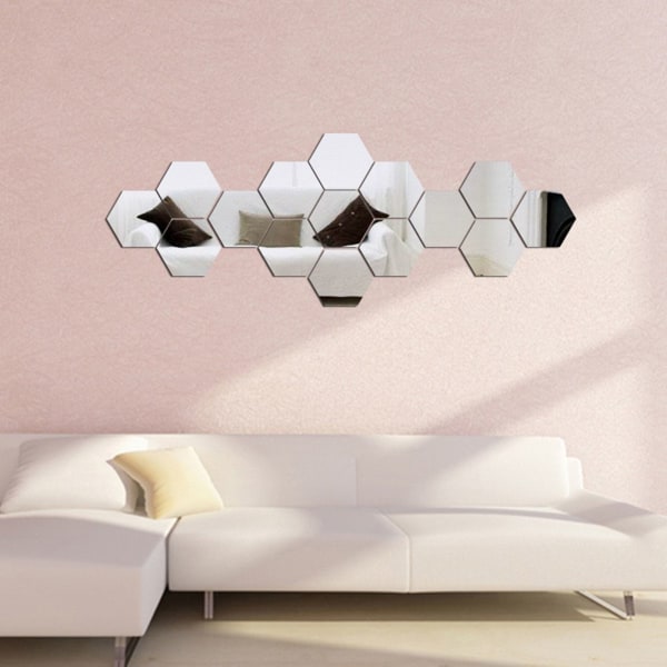 12 st Topfjäder Hexagoner Mirror Kakel Väggdekal 3D Akryl Spegel Väggdekor Dekor Stick På Modern Dekal För Hem Red M