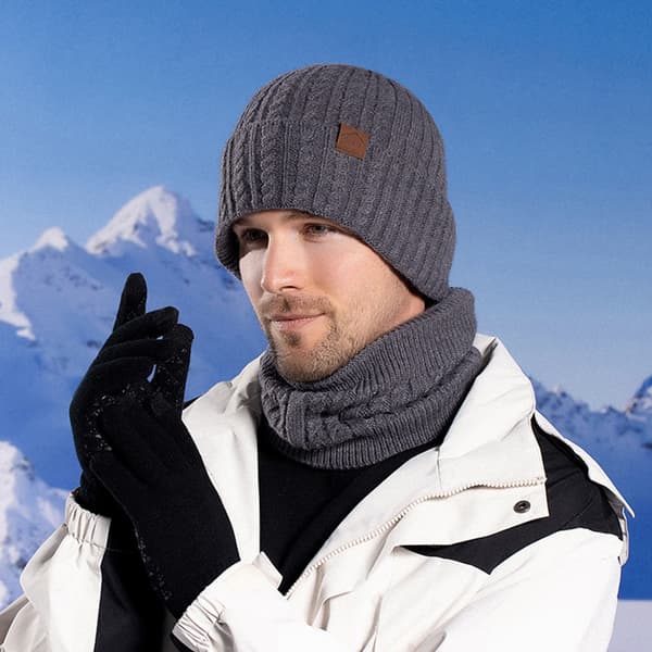 Stickad mössa för herr Halsdukshandskar Tredelat set Comfy Keep Warm Kalltät mössa för dagligt vinterbruk Dark Grey Three piece Set