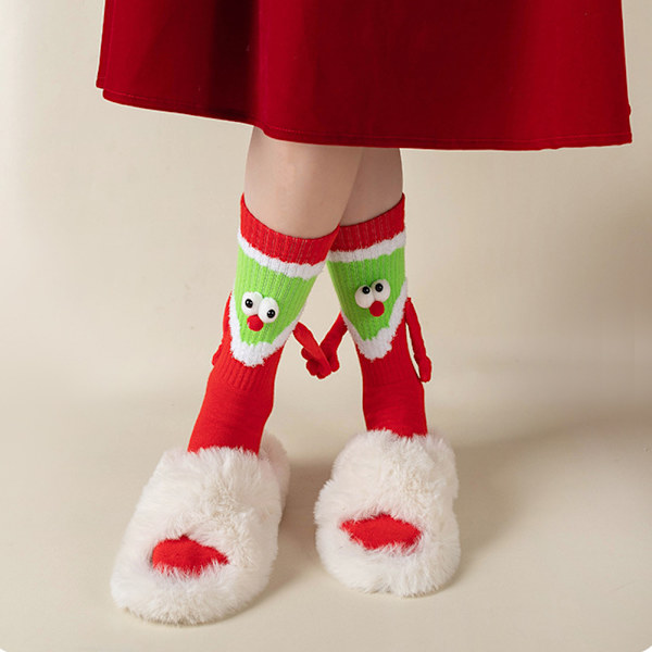 Jultomte håller handen Strumpor För Kvinnor Hög Elastisk Mjuk Andas Strumpa Födelsedag Julpresent Red