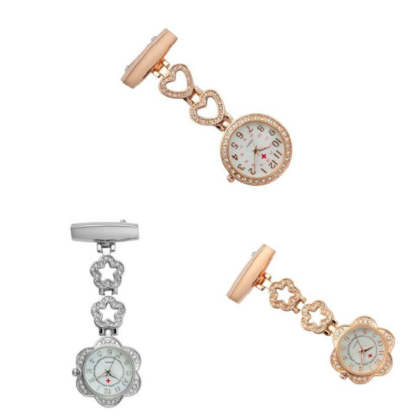 Mode Kvinnor Watch Clip-on Hjärta/Femuddig stjärnhänge Häng kvartsklocka för läkare sjuksköterska klockor Rose gold